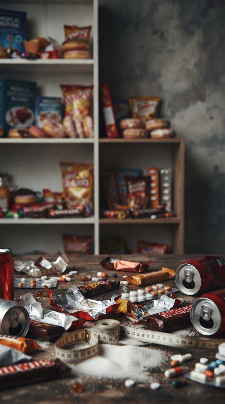 Table couverte de confiseries, d’emballages et de canettes devant des étagères de produits alimentaires.