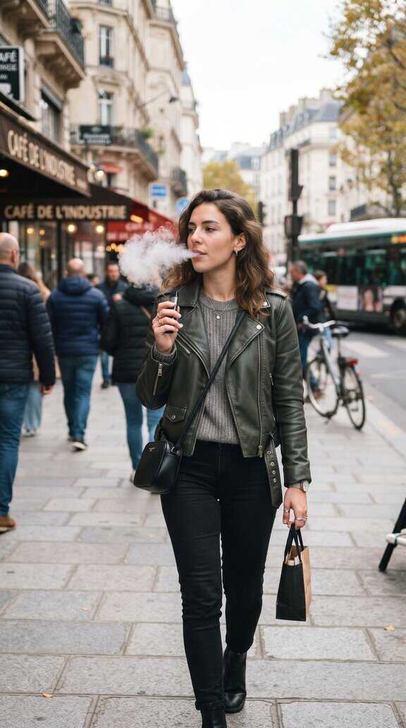 Femme utilisant une cigarette électronique dans une rue.