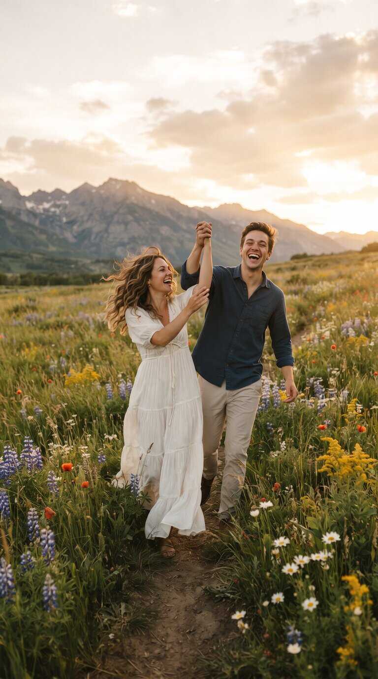 Deux personnes marchant dans une prairie fleurie devant des montagnes au coucher du soleil.